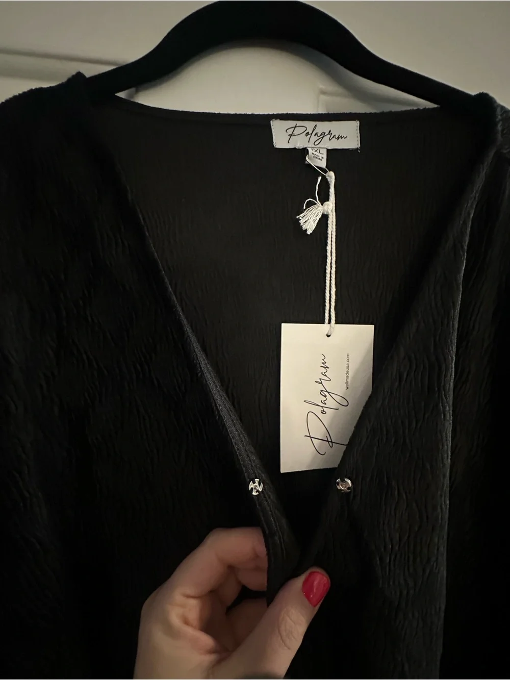 Polagram Black Textured Velvet Faux Wrap Long-Sleeve MIDI Dress w/ Self-Tie Belt
